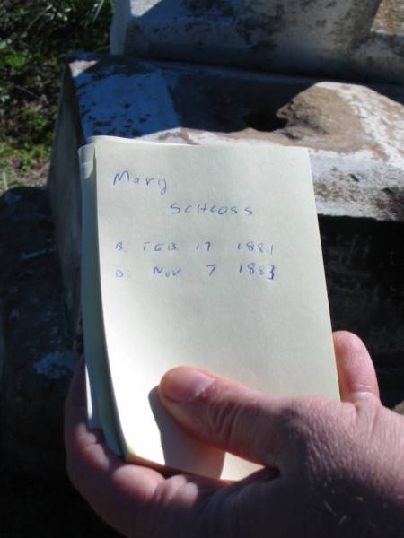 Mary SCHLOSS, born 17 Feb 1881 died 7 Nov 1883;  | St Paul's Lutheran Cemetery, Hatton Vale, Laidley Shire  | 