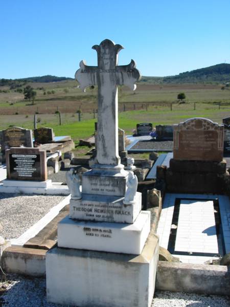 Agusta Ernstene KNACK, born 13 Jan 1858, died 29 Jan 1922, aged 66 years;  | Theodor Heinrich KNACK, born 21 Sept 1849, died 8 Sept 1932?, aged 83 years, husband;  | St Paul's Lutheran Cemetery, Hatton Vale, Laidley Shire  |   | 