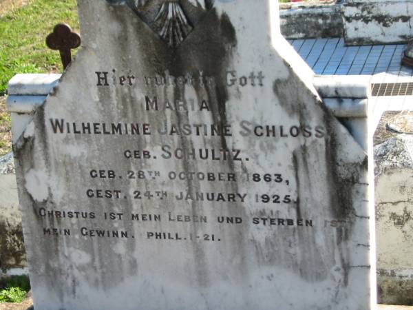 Maria Wilhelmine Jastine SCHLOSS (geb SCHULTZ); b: 28 Oct 1873; d: 24 Jan 1925  | St Paul's Lutheran Cemetery, Hatton Vale, Laidley Shire  | 