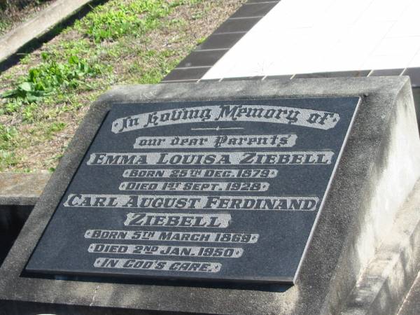 parents;  | Emma Louisa ZIEBELL, born 25 Dec 1879 died 1 Sept 1928;  | Carl August ZIEBELL, born 5 Mar 1869 died 2 Jan 1950;  | St Paul's Lutheran Cemetery, Hatton Vale, Laidley Shire  | 