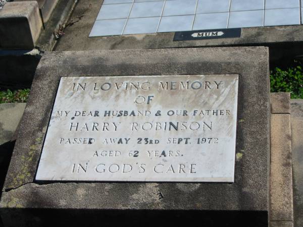 Harry ROBINSON, died 23 Sept 1972 aged 62 years, husband father;  | St Paul's Lutheran Cemetery, Hatton Vale, Laidley Shire  | 