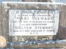 
Mary STEWART, wife mother,
died 11 May 1936 aged 61 years;
Walter STEWART, father,
died 27 May 1946 aged 77 years;
Helidon Catholic cemetery, Gatton Shire
