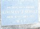 
Kingsley J. SCHULZ, son brother,
died 6 July 1971;
Myree Joy SCHULZ,
1949 - 1990,
missed by son & daughter Mark & Kylie & family;
Helidon Catholic cemetery, Gatton Shire
