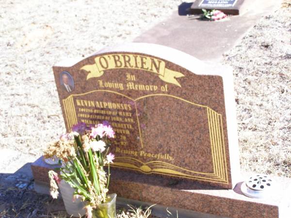 Kevin ALPHONSUS,  | husband of Mary,  | father of John, Ann, Michael Bernadettte,  | Robert & Peter,  | born 13-9-20 died 15-5-02;  | Helidon Catholic cemetery, Gatton Shire  | 