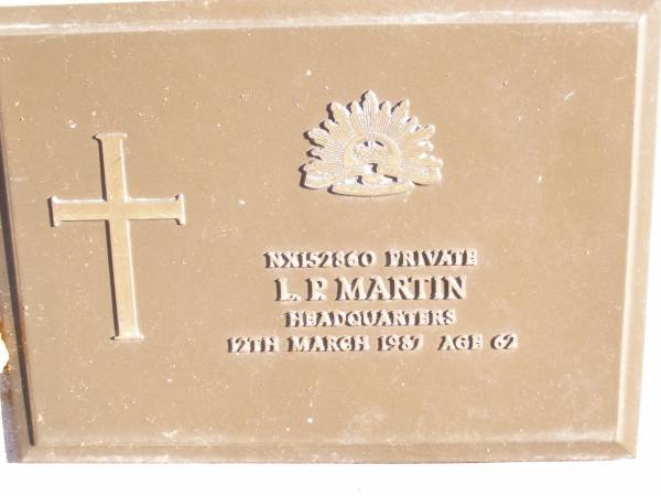 L.P. MARTIN,  | died 12 March 1987 aged 62;  | Helidon Catholic cemetery, Gatton Shire  | 