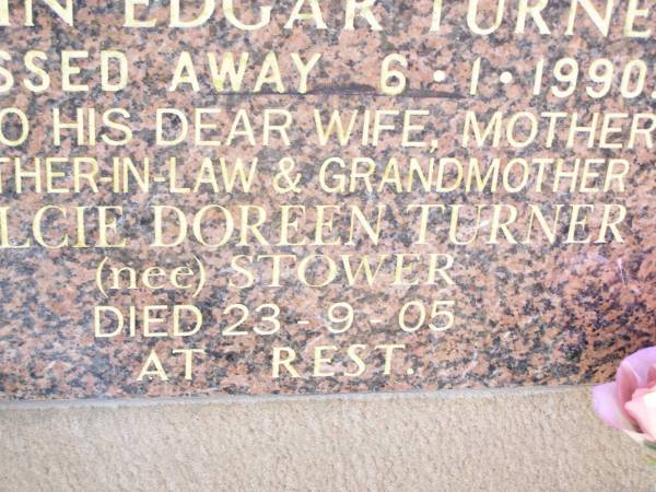 John Edgar TURNER,  | husband father father-in-law grandfather,  | died 6-1-1990;  | Dulcie Doreen TURNER, nee STOWER,  | wife mother mother-in-law grandmother,  | died 23-9-05;  | Helidon Catholic cemetery, Gatton Shire  | 