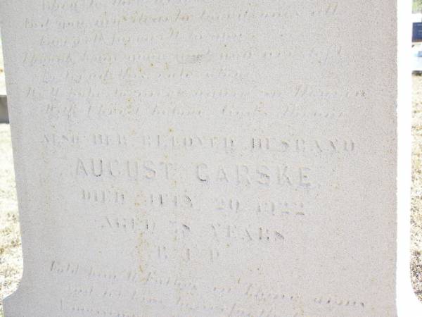 Veronica GARSKE,  | wife of August GARSKE,  | died 16 Aug 1920 in her 80th year;  | August GARSKE, husband,  | died 20 July 1922 aged 78 years;  | Helidon Catholic cemetery, Gatton Shire  | 