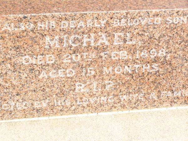 John CORCORAN,  | born Drumbarie Co Tipperary Ireland 1 Jan 1856,  | died 29 May 1925 aged 69 years;  | Margaret Anne CORCORAN, wife,  | died 8 Nov 1949 aged 93 years;  | Delia, daughter,  | died 13 Dec 1948 aged 61 years;  | Michael, son.  | died 20 Feb 1898 aged 15 months;  | Helidon Catholic cemetery, Gatton Shire  | 