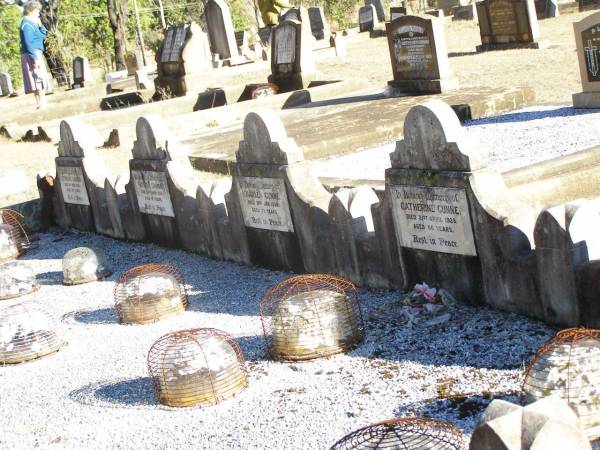 Charles J. GUNNE (Joe),  | died 23 July 1917 aged 25 years;  | Catherine GUNNE,  | died 21 April 1928 aged 66 years;  | Charles GUNNE,  | died 3 Jan 1936 aged 72 years;  | Patrick CRONIN (Paddie),  | died 29 June 1933 aged 4 years;  | Catherine CRONIN (Katie),  | died 11 Nov 1932 aged 37 years;  | Helidon Catholic cemetery, Gatton Shire  |   | 