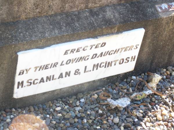 Mary A. KLUCK,  | died 25 April 1903 aged 32 years;  | August J. KLUCK,  | died 26 Dec 1952 aged 89 years;  | erected by daughters  | M. SCANLAN & L. MCINTOSH;  | Helidon Catholic cemetery, Gatton Shire  | 