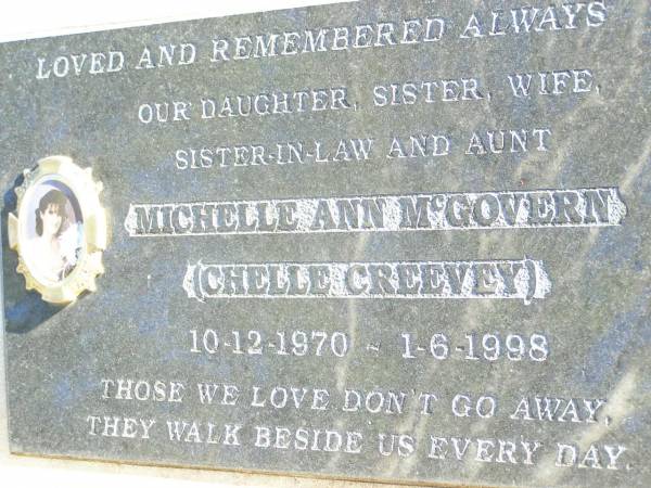 Michelle Ann MCGOVERN  | (Chelle CREEVEY),  | daughter sister wife sister-in-law aunt,  | 10-12-1970 - 1-6-1998;  | Helidon Catholic cemetery, Gatton Shire  | 