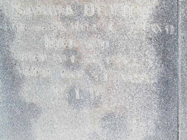 Hugh DEVIR,  | husband of Sabina DEVIR,  | native of Ai?hill Mayo Ireland,  | died 5? Aug 1897? aged 60 years;  | Helidon Catholic cemetery, Gatton Shire  | 