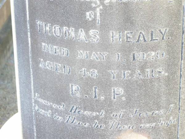 Winifred HEALY,  | wife of Peter HEALY of Helidon,  | died 9 Oct 1909 aged 66 years;  | Peter HEALY, husband,  | native of Co Wicklow Ireland,  | died 11 Dec 1915 aged 79 years;  | Thomas HEALY,  | died 1 May 1920 aged 48 years;  | James HEALY,  | died 11 Jan 1920 aged 32 years;  | Helidon Catholic cemetery, Gatton Shire  | 
