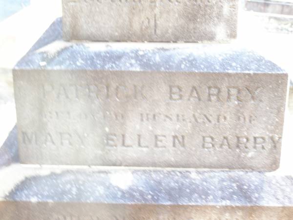 Patrick BARRY,  | husband of Mary Ellen BARRY,  | died 3 March 1914 aged 30 years;  | Helidon Catholic cemetery, Gatton Shire  | 
