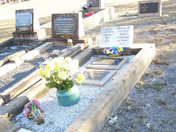 Samuel DUKE, husband father,  | died 17 Mar 1947 aged 65 years;  | Jacob Chaille DUKE,  | 1903 - 1987;  | Isabella DUKE,  | 1907 - 2001;  | Helidon Catholic cemetery, Gatton Shire  | 