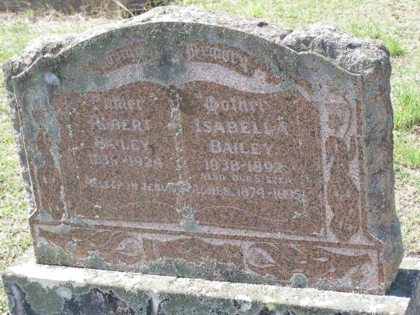 Robert BAILEY,  | father,  | 1838 - 1924;  | Isabella BAILEY,  | mother,  | 1838 - 1892;  | Agnes,  | sister,  | 1874 - 1895;  | Helidon General cemetery, Gatton Shire  | 