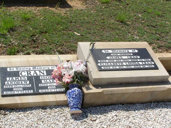 parents;  | James CRAN,  | died 22 Dec 1954 aged 73 years;  | Elizabeth Louisa CRAN,  | died 4 Dec 1976 aged 84 years;  | James Andrew CRAN,  | died 23 Sept 2002 aged 79 years;  | Isobel Mary CRAN,  | died 21 Aug 1996 aged 67 years;  | Helidon General cemetery, Gatton Shire  | 