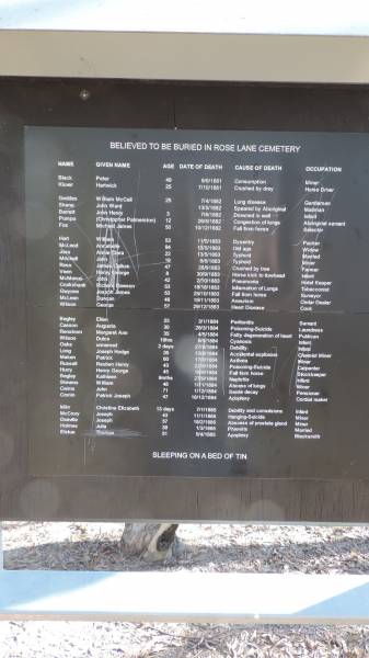   | Herberton Pioneer - Rose Lane Cemetery  |   | Believed to be buried in Rose Lane Cemetery:  |  <table width= 100%  cellspacing= 2  cellpadding= 2  border= 1 >  | <tbody>  | <tr>  | <th valign= top >Name |   | </th>  | <th valign= top >Given Name |   | </th>  | <th valign= top >Age |   | </th>  | <th valign= top >Date of Death |   | </th>  | <th valign= top >Cause of Death |   | </th>  | <th valign= top >Occupation |   | </th>  | </tr>  | <tr>  | <td valign= top >BLACK |   | </td>  | <td valign= top >Peter |   | </td>  | <td valign= top >49 |   | </td>  | <td valign= top >9/6/1881 |   | </td>  | <td valign= top >Consumption |   | </td>  | <td valign= top >Miner |   | </td>  | </tr>  | <tr>  | <td valign= top >KLUVER |   | </td>  | <td valign= top >Hartwick |   | </td>  | <td valign= top >25 |   | </td>  | <td valign= top >7/10/1881 |   | </td>  | <td valign= top >Crushed by dray |   | </td>  | <td valign= top >Horse Driver |   | </td>  | </tr>  | <tr>  | <td valign= top >GEDDES |   | </td>  | <td valign= top >William McCall |   | </td>  | <td valign= top >25 |   | </td>  | <td valign= top >7/4/1882 |   | </td>  | <td valign= top >Lung disease |   | </td>  | <td valign= top >Gentleman |   | </td>  | </tr>  | <tr>  | <td valign= top >SKENE |   | </td>  | <td valign= top >John Ward |   | </td>  | <td valign= top > |   | </td>  | <td valign= top >13/5/1882 |   | </td>  | <td valign= top >Speared by Aboriginal |   | </td>  | <td valign= top >Mailman |   | </td>  | </tr>  | <tr>  | <td valign= top >BARRETT |   | </td>  | <td valign= top >John Henry |   | </td>  | <td valign= top >3 |   | </td>  | <td valign= top >7/6/1882 |   | </td>  | <td valign= top >Drowned in well |   | </td>  | <td valign= top >infant |   | </td>  | </tr>  | <tr>  | <td valign= top >POMPO |   | </td>  | <td valign= top >(Christopher Palmerston) |   | </td>  | <td valign= top >12 |   | </td>  | <td valign= top >26/8/1882 |   | </td>  | <td valign= top >Congestion of lungs |   | </td>  | <td valign= top >Aboriginal servant |   | </td>  | </tr>  | <tr>  | <td valign= top >FOX |   | </td>  | <td valign= top >Michael James |   | </td>  | <td valign= top >50 |   | </td>  | <td valign= top >10/12/1882 |   | </td>  | <td valign= top >Fall from horse |   | </td>  | <td valign= top >Selector |   | </td>  | </tr>  | <tr>  | <td valign= top >HART |   | </td>  | <td valign= top >William |   | </td>  | <td valign= top >53 |   | </td>  | <td valign= top >11/5/1883 |   | </td>  | <td valign= top >Dysentry |   | </td>  | <td valign= top >Packer |   | </td>  | </tr>  | <tr>  | <td valign= top >McLEOD |   | </td>  | <td valign= top >Annabelle |   | </td>  | <td valign= top >94 |   | </td>  | <td valign= top >13/5/1883 |   | </td>  | <td valign= top >Old age |   | </td>  | <td valign= top >Widow |   | </td>  | </tr>  | <tr>  | <td valign= top >JOSS |   | </td>  | <td valign= top >Annie Clara |   | </td>  | <td valign= top >22 |   | </td>  | <td valign= top >13/5/1883 |   | </td>  | <td valign= top >Typhoid |   | </td>  | <td valign= top >Married |   | </td>  | </tr>  | <tr>  | <td valign= top >MITCHELL |   | </td>  | <td valign= top >John |   | </td>  | <td valign= top >19 |   | </td>  | <td valign= top >8/6/1883 |   | </td>  | <td valign= top >Typhoid |   | </td>  | <td valign= top >Miner |   | </td>  | </tr>  | <tr>  | <td valign= top >ROSS |   | </td>  | <td valign= top >James Callum |   | </td>  | <td valign= top >47 |   | </td>  | <td valign= top >28/9/1883 |   | </td>  | <td valign= top >Crushed by tree |   | </td>  | <td valign= top >Farmer |   | </td>  | </tr>  | <tr>  | <td valign= top >VEEN |   | </td>  | <td valign= top >Henry George |   | </td>  | <td valign= top >8 |   | </td>  | <td valign= top >30/9/1883 |   | </td>  | <td valign= top >Horse kick to forehead |   | </td>  | <td valign= top >Infant |   | </td>  | </tr>  | <tr>  | <td valign= top >McMANUS |   | </td>  | <td valign= top >John |   | </td>  | <td valign= top >42 |   | </td>  | <td valign= top >2/10/1883 |   | </td>  | <td valign= top >Pneumonia |   | </td>  | <td valign= top >Hotel keeper |   | </td>  | </tr>  | <tr>  | <td valign= top >CRUIKSHANK |   | </td>  | <td valign= top >Richard Dawson |   | </td>  | <td valign= top >53 |   | </td>  | <td valign= top >18/10/1883 |   | </td>  | <td valign= top >Inflammation of lungs |   | </td>  | <td valign= top >Tabacconist |   | </td>  | </tr>  | <tr>  | <td valign= top >GWYNNE |   | </td>  | <td valign= top >Joseph James |   | </td>  | <td valign= top >53 |   | </td>  | <td valign= top >25/10/1883 |   | </td>  | <td valign= top >Fall from horse |   | </td>  | <td valign= top >Surveyor |   | </td>  | </tr>  | <tr>  | <td valign= top >McLEAN |   | </td>  | <td valign= top >Duncan |   | </td>  | <td valign= top >48 |   | </td>  | <td valign= top >19/11/1883 |   | </td>  | <td valign= top >Aneurism |   | </td>  | <td valign= top >Cedar Dealer |   | </td>  | </tr>  | <tr>  | <td valign= top >WILSON |   | </td>  | <td valign= top >George |   | </td>  | <td valign= top >57 |   | </td>  | <td valign= top >29/12/1883 |   | </td>  | <td valign= top >Heart disease |   | </td>  | <td valign= top >Cook |   | </td>  | </tr>  | <tr>  | <td valign= top >BEGLEY |   | </td>  | <td valign= top >Ellen |   | </td>  | <td valign= top >23 |   | </td>  | <td valign= top >3/1/1884 |   | </td>  | <td valign= top >Peritonitis |   | </td>  | <td valign= top >Servant |   | </td>  | </tr>  | <tr>  | <td valign= top >CASSON |   | </td>  | <td valign= top >Augusta |   | </td>  | <td valign= top >30 |   | </td>  | <td valign= top >28/3/1884 |   | </td>  | <td valign= top >Poisoning-suicide |   | </td>  | <td valign= top >Laundress |   | </td>  | </tr>  | <tr>  | <td valign= top >RENSTROM |   | </td>  | <td valign= top >Margaret Ann |   | </td>  | <td valign= top >35 |   | </td>  | <td valign= top >4/5/1884 |   | </td>  | <td valign= top >Fatty degeneration of heart |   | </td>  | <td valign= top >Publican |   | </td>  | </tr>  | <tr>  | <td valign= top >WILSON |   | </td>  | <td valign= top >Dulce |   | </td>  | <td valign= top >19 hours |   | </td>  | <td valign= top >8/5/1884 |   | </td>  | <td valign= top >Cyanosis |   | </td>  | <td valign= top >infant |   | </td>  | </tr>  | <tr>  | <td valign= top >OAKS |   | </td>  | <td valign= top >(unnamed) |   | </td>  | <td valign= top >2 days |   | </td>  | <td valign= top >27/5/1884 |   | </td>  | <td valign= top >Debility |   | </td>  | <td valign= top >infant |   | </td>  | </tr>  | <tr>  | <td valign= top >LONG |   | </td>  | <td valign= top >Joseph Hodge |   | </td>  | <td valign= top >35 |   | </td>  | <td valign= top >13/8/1884 |   | </td>  | <td valign= top >Accidental explosion |   | </td>  | <td valign= top >Chemist miner |   | </td>  | </tr>  | <tr>  | <td valign= top >MAKEN |   | </td>  | <td valign= top >Patrick |   | </td>  | <td valign= top >60 |   | </td>  | <td valign= top >17/8/1884 |   | </td>  | <td valign= top >Asthma |   | </td>  | <td valign= top >Miner |   | </td>  | </tr>  | <tr>  | <td valign= top >RUSSELL |   | </td>  | <td valign= top >Reuben Henry |   | </td>  | <td valign= top >43 |   | </td>  | <td valign= top >22/8/1884 |   | </td>  | <td valign= top >Poisoning-suicide </td>  | <td valign= top >Carpenter |   | </td>  | </tr>  | <tr>  | <td valign= top >HURRY |   | </td>  | <td valign= top >Henry George |   | </td>  | <td valign= top >45 |   | </td>  | <td valign= top >18/9/1884 |   | </td>  | <td valign= top >Fall from horse |   | </td>  | <td valign= top >Stockkeeper |   | </td>  | </tr>  | <tr>  | <td valign= top >BEGLEY |   | </td>  | <td valign= top >Kathleen |   | </td>  | <td valign= top >9 mo |   | </td>  | <td valign= top >27/9/1884 |   | </td>  | <td valign= top >Nephritis |   | </td>  | <td valign= top >Infant |   | </td>  | </tr>  | <tr>  | <td valign= top >STEVENS |   | </td>  | <td valign= top >William |   | </td>  | <td valign= top >48 |   | </td>  | <td valign= top >1/11/1884 |   | </td>  | <td valign= top >Abcess of lungs |   | </td>  | <td valign= top >Miner |   | </td>  | </tr>  | <tr>  | <td valign= top >CAIRNS |   | </td>  | <td valign= top >John |   | </td>  | <td valign= top >71 |   | </td>  | <td valign= top >1/12/1884 |   | </td>  | <td valign= top >Senile decay |   | </td>  | <td valign= top >Pensioner |   | </td>  | </tr>  | <tr>  | <td valign= top >CRONIN |   | </td>  | <td valign= top >Patrick Joseph |   | </td>  | <td valign= top >47 |   | </td>  | <td valign= top >16/12/1884 |   | </td>  | <td valign= top >Apoplexy |   | </td>  | <td valign= top >Cordial maker |   | </td>  | </tr>  | <tr>  | <td valign= top >MIHR |   | </td>  | <td valign= top >Christina Elizabeth |   | </td>  | <td valign= top >13 days |   | </td>  | <td valign= top >7/1/1885 |   | </td>  | <td valign= top >Debility and convulsions |   | </td>  | <td valign= top >Infant |   | </td>  | </tr>  | <tr>  | <td valign= top >McCRORY |   | </td>  | <td valign= top >Joseph |   | </td>  | <td valign= top >43 |   | </td>  | <td valign= top >11/1/1885 |   | </td>  | <td valign= top >Hanging-suicide |   | </td>  | <td valign= top >Miner |   | </td>  | </tr>  | <tr>  | <td valign= top >DEAVILLE |   | </td>  | <td valign= top >Joseph |   | </td>  | <td valign= top >57 |   | </td>  | <td valign= top >18/2/1885 |   | </td>  | <td valign= top >Abscess of prostate gland |   | </td>  | <td valign= top >Miner |   | </td>  | </tr>  | <tr>  | <td valign= top >HOLMES |   | </td>  | <td valign= top >Julia |   | </td>  | <td valign= top >39 |   | </td>  | <td valign= top >1/3/1885 |   | </td>  | <td valign= top >Phrenitis |   | </td>  | <td valign= top >Married |   | </td>  | </tr>  | <tr>  | <td valign= top >ELSTUE |   | </td>  | <td valign= top >Thomas |   | </td>  | <td valign= top >51 |   | </td>  | <td valign= top >5/4/1885 |   | </td>  | <td valign= top >Apoplexy |   | </td>  | <td valign= top >Blacksmith |   | </td>  | </tr>  | </tbody>  | </table>  |   | 