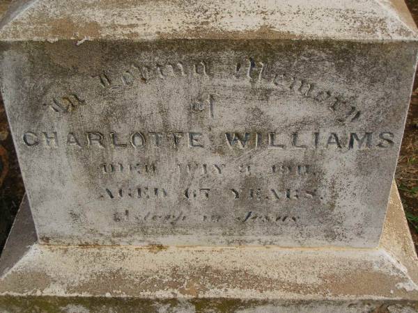 Charlotte Mary HULL,  | died 3 Aug 1907 aged 27 years;  | Charlotte Williams,  | died 9 July 1911 aged 67? years;  | Arthur Harris WARD,  | died 16 Oct 1896 aged 21 years;  | David WARD,  | died 17 Aug 1882 aged 43 years;  | Highfields Baptist cemetery, Crows Nest Shire  |   | 