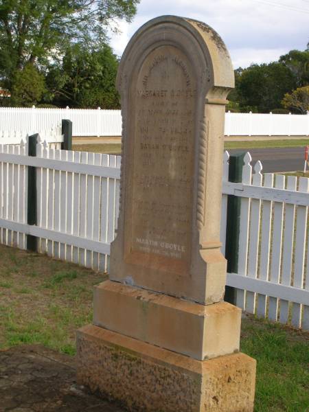 Margaret O'BOYLE,  | native of County Sligo Ireland,  | died 3 April 1908 aged 72 years;  | Sarah O'BOYLE,  | daughter,  | died 4 Jan 1878 aged 3 years;  | Martin O'BOYLE,  | died 28 Jan 1913;  | Highfields Baptist cemetery, Crows Nest Shire  | 