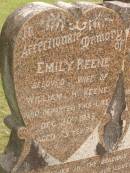 Emily KEENE,
wife of William H. KEENE,
died 20 Dec 1933 aged 73 years;
William Hughes KEENE,
husband,
died 2 Sept 1937 aged 75 years;
Howard cemetery, City of Hervey Bay