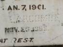 Florence LARCOMBE,
died 7 Jan 1961;
John LARCOMBE,
died 26 Nov 1965;
Howard cemetery, City of Hervey Bay