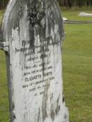 Henry SMITH,
of Sheffield Orangery Howard,
died 3 July 1903 aged 70 years;
Elizabeth SMITH,
wife,
died 13 Nov 1930 aged 95 years;
Howard cemetery, City of Hervey Bay