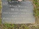 Alice Martha WILSON,
13 Sept 1907 - 10 Jan 1995 aged 87 years,
mother of Alison, Stan & Neil;
Howard cemetery, City of Hervey Bay