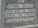 Ethel BEITH,
died 18 May 1953 aged 58 years;
Malcolm BEITH,
husband,
died 2 July 1955 aged 62 years;
Howard cemetery, City of Hervey Bay