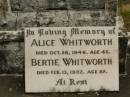 Alice WHITWORTH,
died 26 Oct 1946 aged 42 years;
Bertie WHITWORTH,
died 13 Feb 1952 aged 52 years;
Howard cemetery, City of Hervey Bay