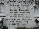 Emma BULLOCK,
died 20 Aug 1926 aged 60 years;
William BULLOCK,
died 7 Sept 1932 aged 70 years;
Howard cemetery, City of Hervey Bay