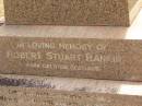 William RANKIN,
father,
managing director Queensland Collieries Howard,
born Tollcross Scotland 23 April 1836,
died Corina Queensland 15 Oct 1917 aged 81 years;
Isabel H. ROSS,
youngest daughter,
died Brisbane 5 Aug 1938 aged 60 years;
William C.F. RANKIN,
youngest son of William & Jane RANKIN,
general manager Queensland Collieres Howard,
born Calston Ayrshire Scotland 22 Aug 1880,
died Howard Queensland 11 May 1919;
John A. RANKIN,
eldest son,
died Hpward 6 April 1930 aged 71 years;
Marion Anderson,
daughter,
died 6 July 1907 aged 45 years;
Mary E.A. ALLEN,
daughter,
died 22 March 1947 aged 73 years;
Robert Stuart RANKIN,
AIF 1914 - 1919,
general manager Queensland Collieries 1941 - 1946.
born Calson Scotland,
died Toolburra 9 Nov 1950 aged 75 years;
Jane Anderson,
wife of William RANKIN,
died 24 Jan 1912 aged 73 years;
Col. C.D.W. RANKIN V.D.,
20 years managing director Q.C.C. Howard,
died 2 No 1940 aged 71 years 10 months;
Howard cemetery, City of Hervey Bay