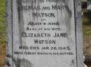 William WATSON,
died 12 Dec 1912;
Thomas & Mary WATSON,
parents;
Elizabeth Jane,
wife,
died 26 Jan 1943;
Nina Elizabeth WATSON,
died 14 July 1977;
Howard cemetery, City of Hervey Bay