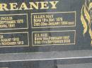 Thomas Inglis REANEY,
born 6 Sept 1875,
died 18 April 1941;
Ellen May REANEY,
born 19 May 1878,
died 23 Jan 1964 (Bris);
Heather REANEY,
born 6 Aug 1912,
died 29 Nov 1913;
Elsie REANEY,
born 14 Feb 1907,
died 11 Sept 2002;
Howard cemetery, City of Hervey Bay