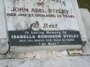 John Abel STELEY,
died 27 July 1959 aged 69 years;
Isabella Robinson STELEY,
died 19 March 1979 aged 89 years;
Fernie Lewis STELEY,
died 4 April 2002 aged 91 years,
son of John & Isabella;
Howard cemetery, City of Hervey Bay