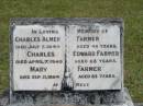 Charles Almer FARMER,
died 5 July 1944 aged 40 years;
Charled Edward FARMER,
died 7 April 1949 aged 68 years;
Mary FARMER,
died 21 Sept 1964 aged 83 years;
Howard cemetery, City of Hervey Bay