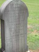 Thomas,
husband of C. WATSON,
died 9 Jan 1920 aged 65 years;
T. Edward,
son,
died 12 Nov 1919 aged 18 years;
Caroline WATSON,
wife mother,
died 11 July 1936;
Howard cemetery, City of Hervey Bay