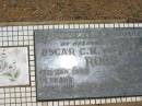 parents;
Oscar C.R. ROSS,
died 17 Jan 1952 aged 71 years;
Sarah ROSS,
died 9 Sept 1979 aged 92 years 8 months;
Howard cemetery, City of Hervey Bay