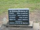 Annie,
aged 13 months;
Gladys,
aged 7 months;
George,
aged 14 days;
Mervyn,
aged 5 months;
children of Joseph & Edith M. WHITBY;
Howard cemetery, City of Hervey Bay