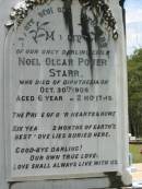 Noel Olgar Power STARR,
only child,
died diphtheria 30 Oct 1908 aged 6 years 2 months;
Howard cemetery, City of Hervey Bay
