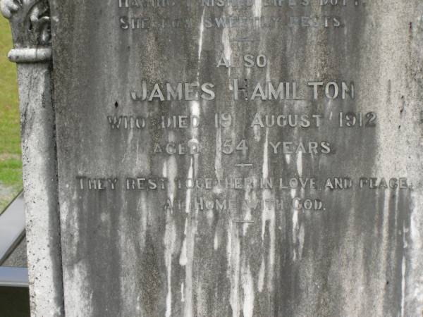 Mary Edith HAMILTON,  | died 5 Aug 1908 aged 40 years;  | James HAMILTON,  | died 19 Aug 1912 aged 54 years;  | H. Smith HAMILTON,  | died 27 JUne 1898 aged 7 weeks;  | Howard cemetery, City of Hervey Bay  | 