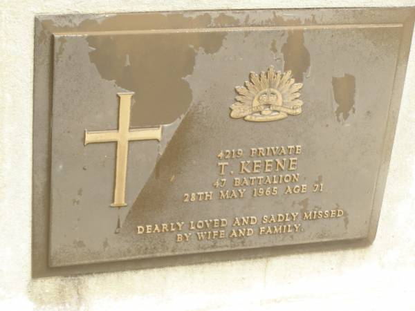 T. KEENE,  | died 28 May 1965 aged 71 years,  | missed by wife & family;  | Howard cemetery, City of Hervey Bay  | 