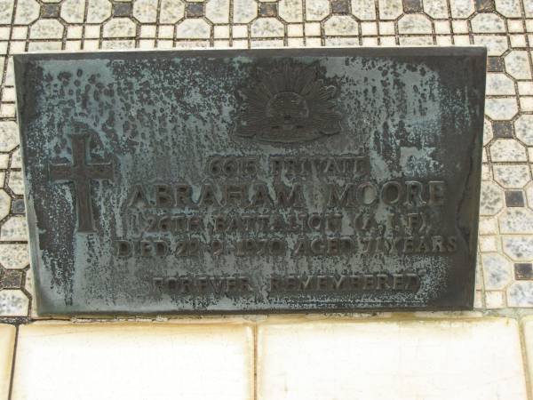 Mary Jane MOORE,  | wife mother,  | died 16 May 1963 aged 61 years;  | Abraham MOORE,  | father,  | died 22 Sept 1970 aged 71 years;  | Abraham MOORE,  | died 22-9-1970 aged 71 years;  | Howard cemetery, City of Hervey Bay  | 