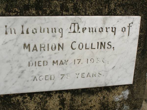 Marion COLLINS,  | died 17 May 1936 aged 78 years;  | Howard cemetery, City of Hervey Bay  | 