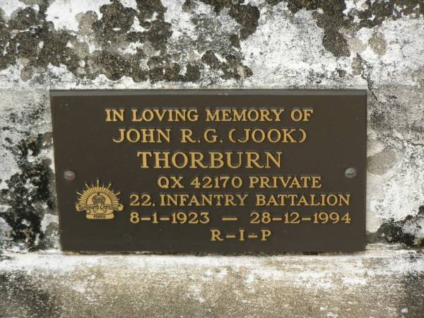 Williamania THORBURN,  | mother,  | died 15 Sep 1971 aged 73 years;  | William THORBURN,  | husband father grandfather,  | died 19 Oct 1954 aged 61 years;  | John R.G. (Jook) THORBURN,  | 8-1-1923 - 28-12-1994;  | Howard cemetery, City of Hervey Bay  | 