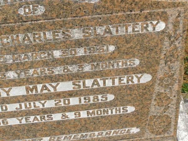 Patrick Charles SLATTERY,  | died 30 March 1951 aged 53 years 3 months;  | Dorothy May SLATTERY,  | died 20 July 1985 aged 86 yearss 9 months;  | Howard cemetery, City of Hervey Bay  | 
