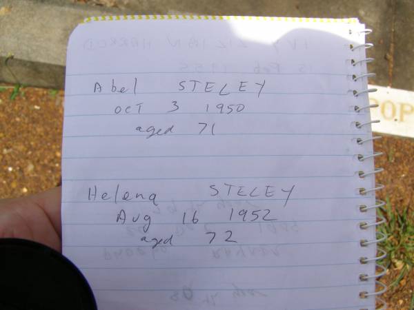 Abel STELEY,  | husband father,  | died 3 Oct 1950 aged 71 years;  | Helena STELEY,  | mother?,  | died 16 Aug 1952 aged 72 years;  | Howard cemetery, City of Hervey Bay  | 
