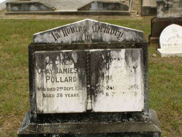 Agnes Gray Jamieson POLLARD,  | died 2 Sept 1941 aged 58 years;  | Captain John Henry POLLARD,  | died 24 Dec 1942 aged 61 years;  | Howard cemetery, City of Hervey Bay  | 