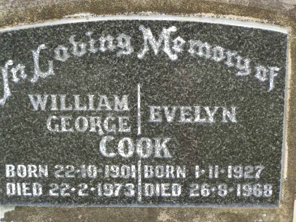 William George COOK,  | born 22-10-1901,  | died 22-2-1973;  | Evelyn COOK,  | born 1-11-1927,  | died 26-8-1968;  | Howard cemetery, City of Hervey Bay  | 