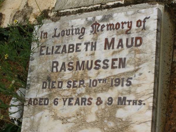 Elizabeth Maud RASMUSSEN,  | died 10 Sep 1915 aged 6 years 9 months;  | Howard cemetery, City of Hervey Bay  | 